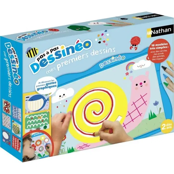 Nathan - Dessinéo premiers dessins - Jeu de loisirs créatifs éducatif - 16 modèles évolutifs avec pochoirs - Pour enfants à partir de 2 ans - Bleu
