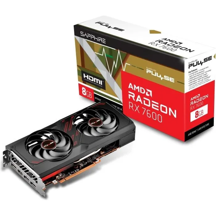 Sapphire Pulse AMD Radeon RX 7600 Gaming Carte Graphique 8 Go GDDR6, HDMI, Triple DisplayPort Sapphire Pulse AMD Radeon RX 7600 Gaming Carte Graphique 8 Go GDDR6, HDMI, Triple DisplayPort