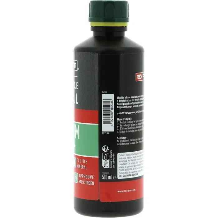 Facom LHM - Liquide hydraulique minéral 500 ml pour suspension et freinage Citroën - Vert fluorescent - Conforme aux normes Facom LHM - Liquide hydraulique minéral 500 ml pour suspension et freinage Citroën - Vert fluorescent - Conforme aux normes
