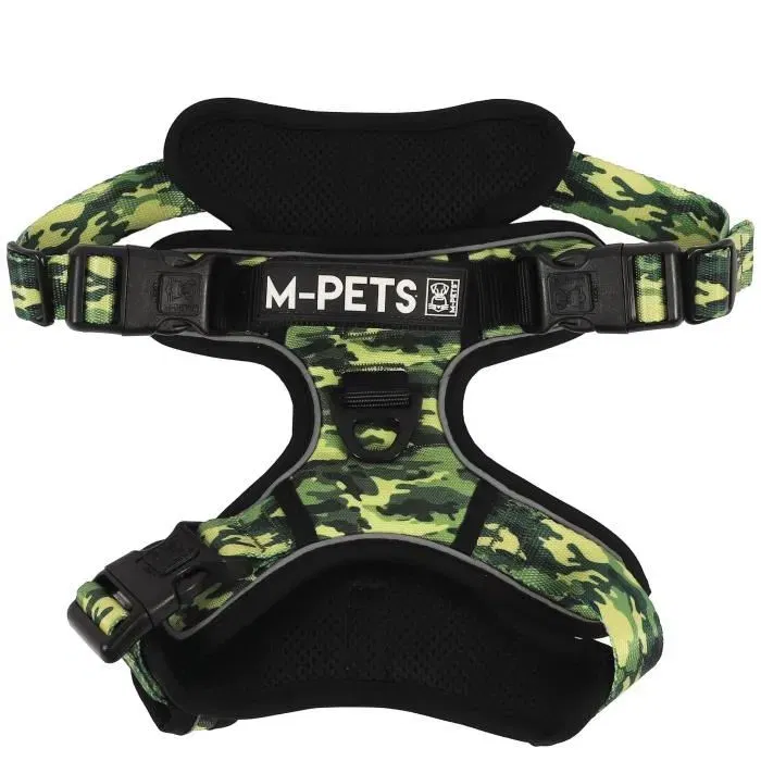 M Pets Harnais HIKING - Taille M, camouflage, tissu rembourré, attache sécurité et poignée, laisse dos/avant pour chien