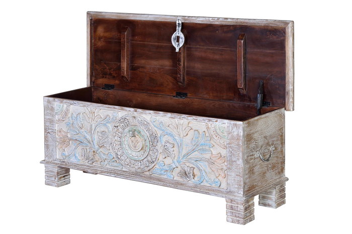 GINER Y COLOMER - Coffre en bois massif de manguier artisanal, finition tons pastel, coffre de rangement ou coffre à jouets