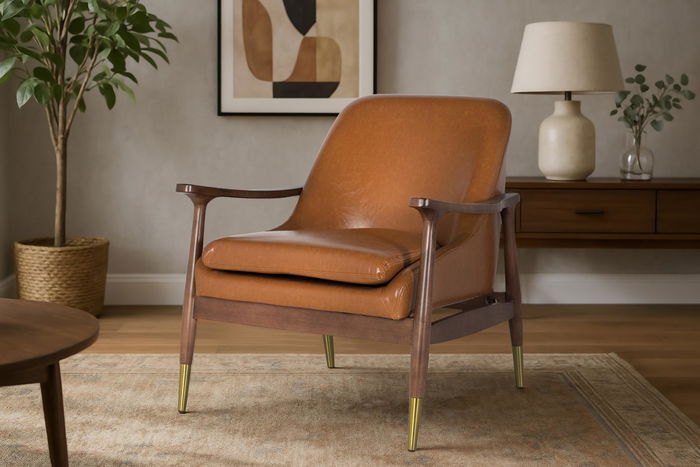 GINER Y COLOMER Fauteuil moderne en bois et cuir synthétique brun avec détails Dora2 - Accoudoirs courbes, pieds coniques dorés
