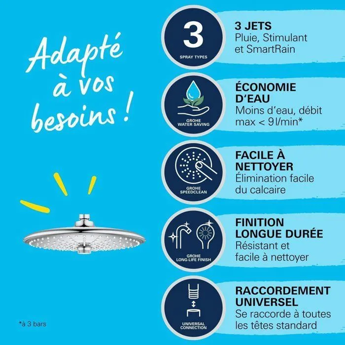 GROHE Douche de tête douche Vitalio Joy 260, 3 jets (Rain, SmartRain, Jet), 260 mm, chromée, raccords filetés 1/2", économie d'eau avec technologie DreamSpray®
