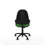 Chaise de bureau Algarra avec mécanisme de contact permanent de base, recouverte de tissu vert. Équipée d'une base en polyamide noir, d'accoudoirs fixes et de roulettes autobloquantes