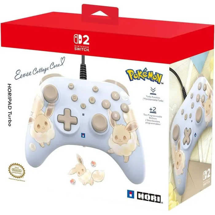 Hori Horipad Turbo - Manette Filaire Officielle Nintendo Switch / Switch 2 - Design Pokémon Évoli - Boutons Arrière Programmables, Mode Turbo - Compatible Switch OLED