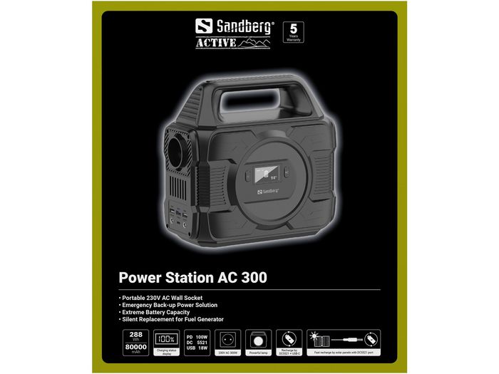 Sandberg Power Station AC 300 - Station d'énergie portable 300W avec prise secteur 230V, batterie haute capacité pour téléphone, tablette, ordinateur portable, camping, secours Sandberg Power Station AC 300 - Station d'énergie portable 300W avec prise secteur 230V, batterie haute capacité pour téléphone, tablette, ordinateur portable, camping, secours