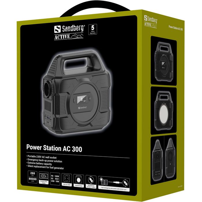 Sandberg Power Station AC 300 - Station d'énergie portable 300W avec prise secteur 230V, batterie haute capacité pour téléphone, tablette, ordinateur portable, camping, secours Sandberg Power Station AC 300 - Station d'énergie portable 300W avec prise secteur 230V, batterie haute capacité pour téléphone, tablette, ordinateur portable, camping, secours