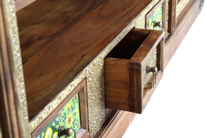 GINER Y COLOMER Meuble TV en acacia massif couleur cerise avec détails en azulejos et bronze, 2 portes, 3 tiroirs - 60 x 180 x 40 cm