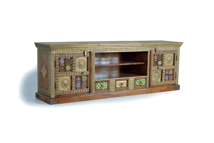 GINER Y COLOMER Meuble TV en acacia massif couleur cerise avec détails en azulejos et bronze, 2 portes, 3 tiroirs - 60 x 180 x 40 cm