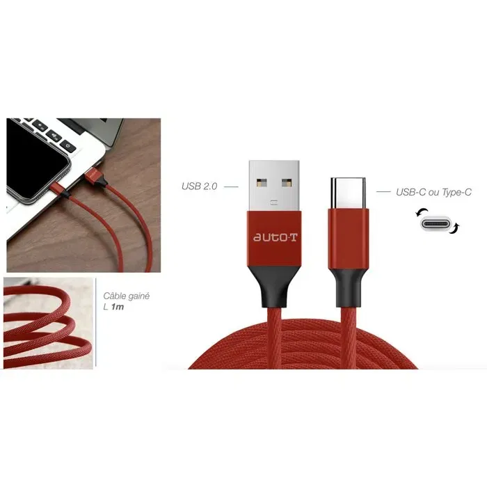 Auto-T Câble USB 2.0 vers USB-C Tressé 1 m - 540347 - Pour Chargement Rapide et Transfert de Données