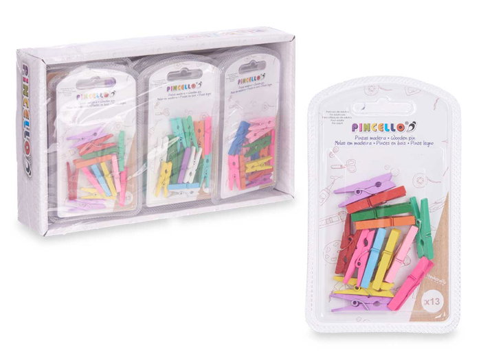 PINCELLO Set de 13 pinces en bois multicolores PINCELLO Set de 13 pinces en bois multicolores