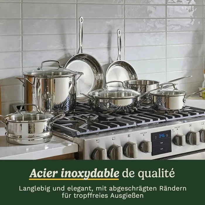 Cuisinart Batterie de cuisine 77-11G en acier inoxydable, 11 pièces, compatibles tous feux dont induction et four, avec base encapsulée en aluminium pour chauffe uniforme Cuisinart Batterie de cuisine 77-11G en acier inoxydable, 11 pièces, compatibles tous feux dont induction et four, avec base encapsulée en aluminium pour chauffe uniforme