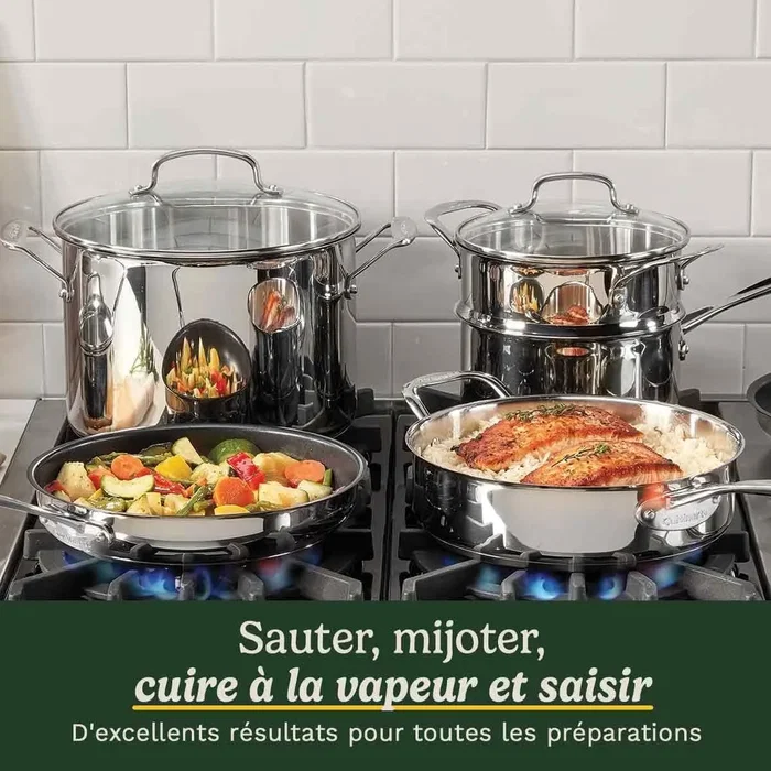Cuisinart Batterie de cuisine 77-11G en acier inoxydable, 11 pièces, compatibles tous feux dont induction et four, avec base encapsulée en aluminium pour chauffe uniforme Cuisinart Batterie de cuisine 77-11G en acier inoxydable, 11 pièces, compatibles tous feux dont induction et four, avec base encapsulée en aluminium pour chauffe uniforme