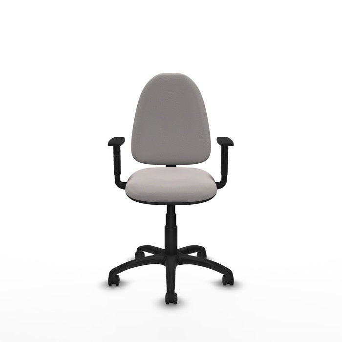 Chaise de bureau Aýna avec mécanisme de contact permanent de base, rembourrée en simili cuir blanc. Équipée d'une base en polyamide noir, d'accoudoirs 1D et de roulettes pour parquet