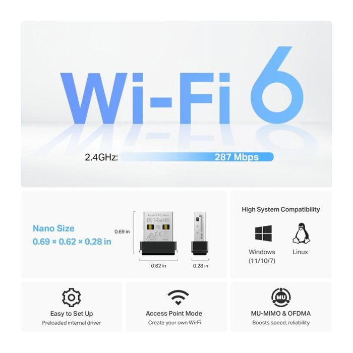 TP-Link Archer TX1U Nano Clé USB Wi-Fi 802.11ac 433 Mbps, Mini Design, Plug & Play, Référence ARCHER TX1U NANO