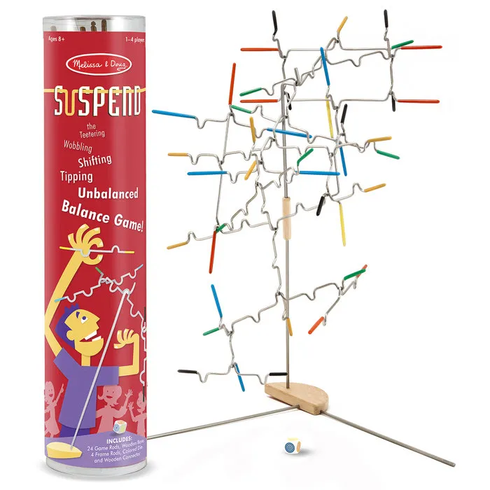 Spin Master Suspend - Jeu d'équilibre et d'adresse familial - 1 à 4 joueurs - À partir de 8 ans - Avec 24 tiges colorées, dé et support en bois