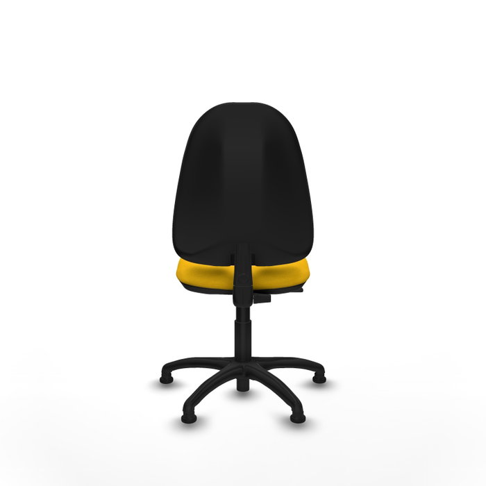 Chaise de bureau Algarra avec mécanisme de contact permanent de base, recouverte de tissu jaune. Équipée d'une base en polyamide noir, sans accoudoirs et avec butées Chaise de bureau Algarra avec mécanisme de contact permanent de base, recouverte de tissu jaune. Équipée d'une base en polyamide noir, sans accoudoirs et avec butées
