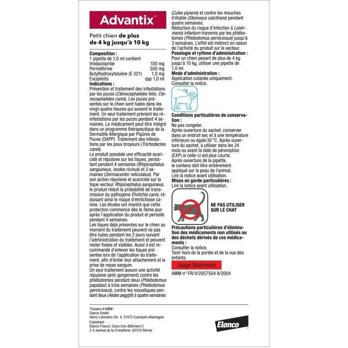 Advantix Solution Antiparasitaire pour Chien Petite Race 4 à 10 kg - 4 Pipettes - Élimine Puces, Tiques, Poux et Répulsif Moustiques
