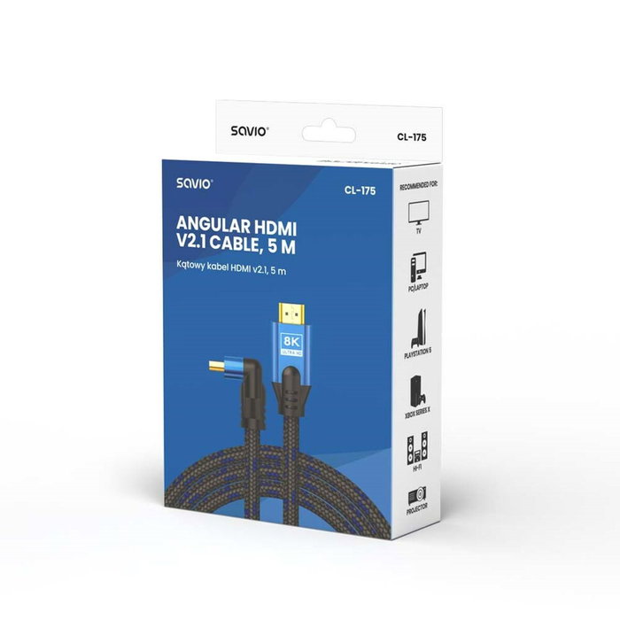 SAVIO Câble HDMI 2.1 de 5m avec connecteurs 90° et finition textile
