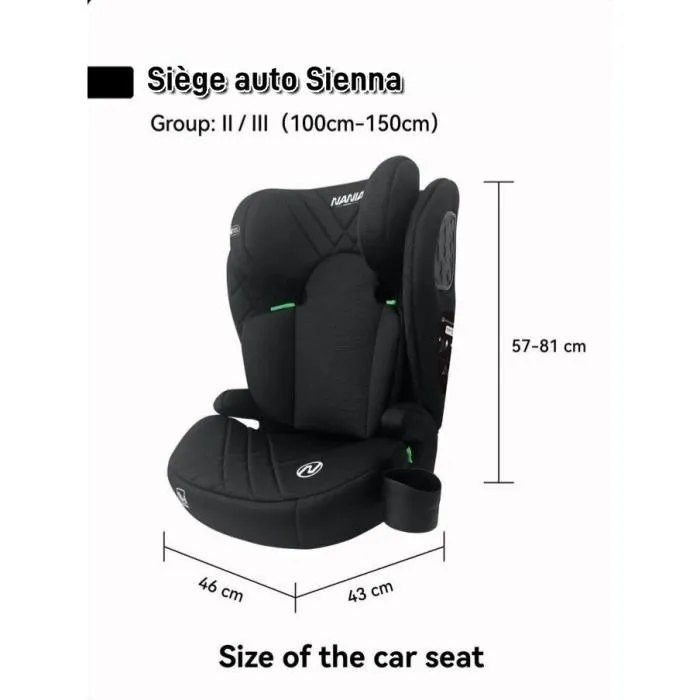 Nania Sienna Siège Auto Enfant Réhausseur Groupe 2/3 (15-36 kg) i-Size R129 Noir avec Systèmes de Sécurité SPS et Head-Protect - Installation Ceinture 3 Points Universelle