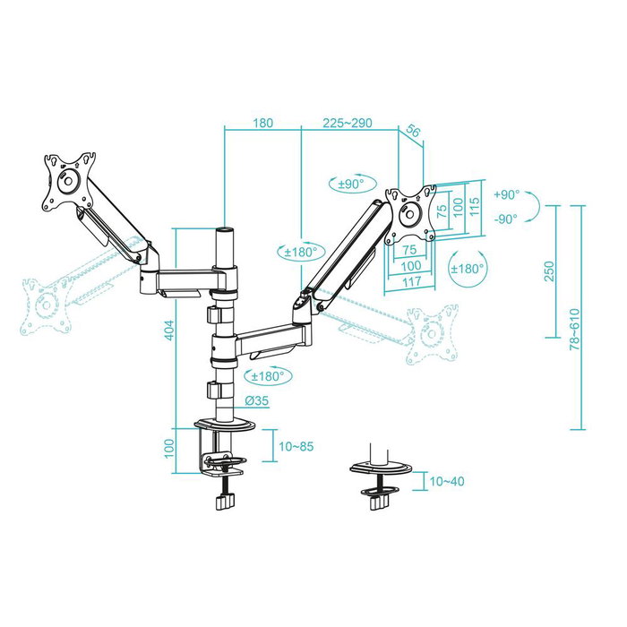 TooQ DB1427TN-B Support de Table pour 2 Écrans 17" à 32" Noir, Bras Articulé, Rotation, Inclinaison, VESA 75/100