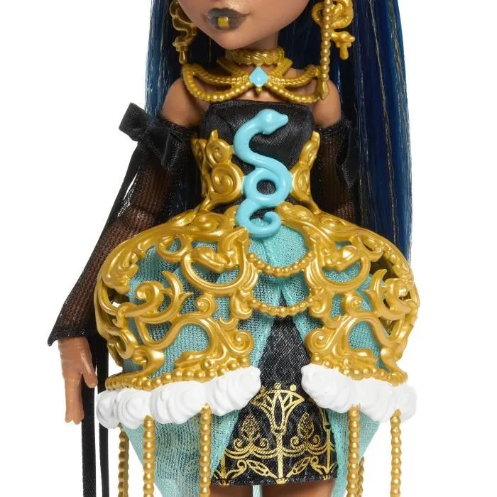 Monster High Poupée Cleo De Nile Monstrueux Anniversaire - Robe Or et Turquoise - 11 Points Articulés - 7 Accessoires - Réf. JBG76