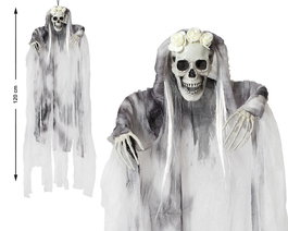 Calavera Colgante avec Tunique Blanche et Cheveux Platine de 120 cm - Décoration Fantomatique et Gothique