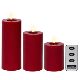 Lumineo Lot de 3 bougies LED cire rouges Ø7 cm, hauteurs 11,2/15/19 cm, effet flamme, télécommande, minuterie, lumière chaude