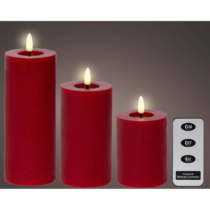 Lumineo Lot de 3 bougies LED cire rouges Ø7 cm, hauteurs 11,2/15/19 cm, effet flamme, télécommande, minuterie, lumière chaude Lumineo Lot de 3 bougies LED cire rouges Ø7 cm, hauteurs 11,2/15/19 cm, effet flamme, télécommande, minuterie, lumière chaude