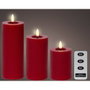 Lumineo Lot de 3 bougies LED cire rouges Ø7 cm, hauteurs 11,2/15/19 cm, effet flamme, télécommande, minuterie, lumière chaude