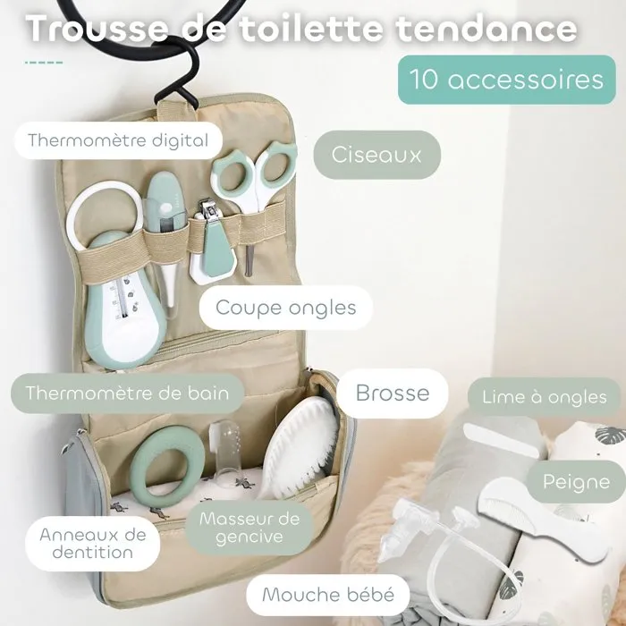 Beaba Trousse de toilette bébé 10 accessoires - Thermomètre, coupe-ongles, peigne, brosse, mouche-bébé - Format compact avec crochet - Vert sauge