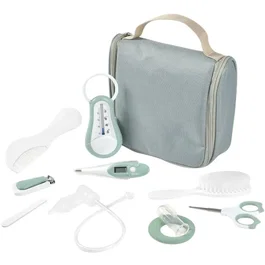 Beaba Trousse de toilette bébé 10 accessoires - Thermomètre, coupe-ongles, peigne, brosse, mouche-bébé - Format compact avec crochet - Vert sauge