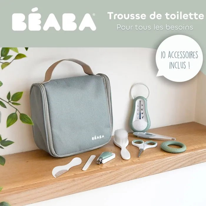 Beaba Trousse de toilette bébé 10 accessoires - Thermomètre, coupe-ongles, peigne, brosse, mouche-bébé - Format compact avec crochet - Vert sauge