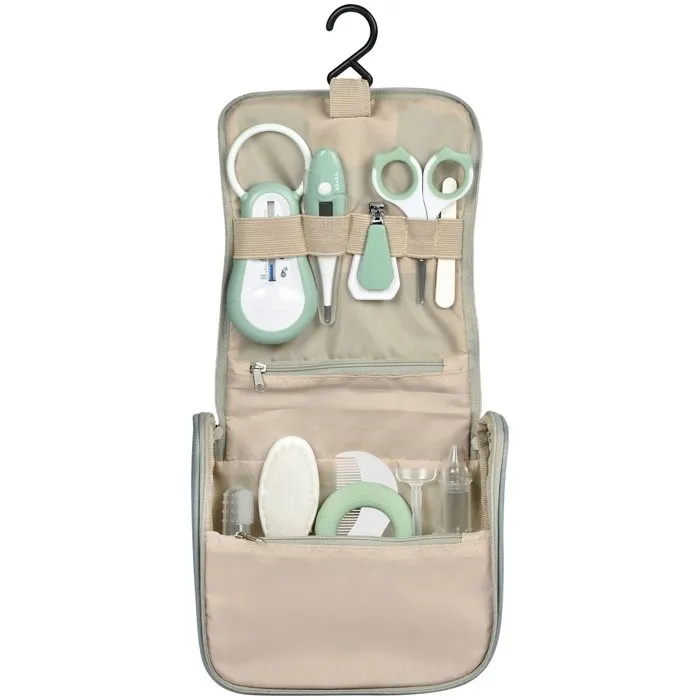 Beaba Trousse de toilette bébé 10 accessoires - Thermomètre, coupe-ongles, peigne, brosse, mouche-bébé - Format compact avec crochet - Vert sauge