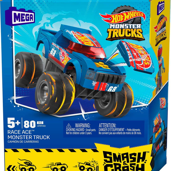 MEGA BLOKS - Hot Wheels Monster Truck Race Ace - Ensemble de construction avec fonction de crash et figurine conducteur - Hmm49 Mega Construx