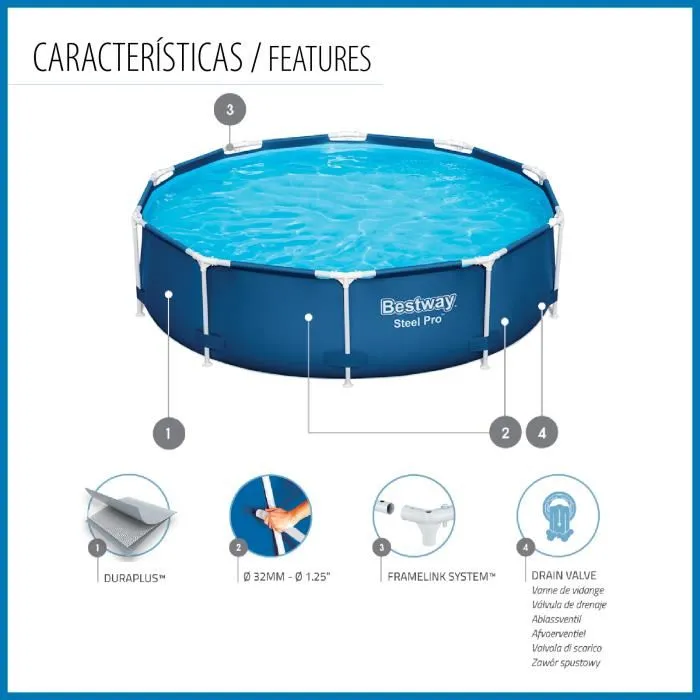 Bestway Steel Pro - Piscine hors sol tubulaire ronde 305 x 76 cm avec pompe de filtration à cartouche