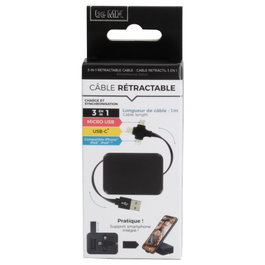 Be Mix Câble rétractable 3 en 1 avec Micro USB, USB-C et Lightning
