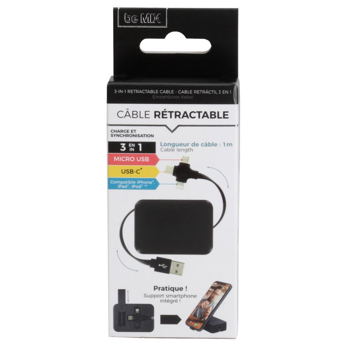 Be Mix Câble rétractable 3 en 1 avec Micro USB, USB-C et Lightning Be Mix Câble rétractable 3 en 1 avec Micro USB, USB-C et Lightning