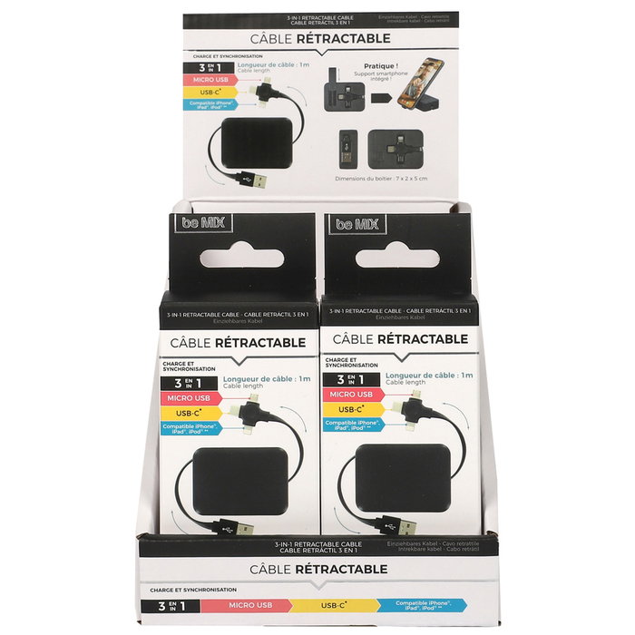 Be Mix Câble rétractable 3 en 1 avec Micro USB, USB-C et Lightning Be Mix Câble rétractable 3 en 1 avec Micro USB, USB-C et Lightning