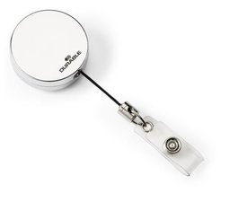 Durable Enrouleur de badge chromé avec lanière à bouton-pression et clip métal, diamètre 40 mm, longueur 80 cm