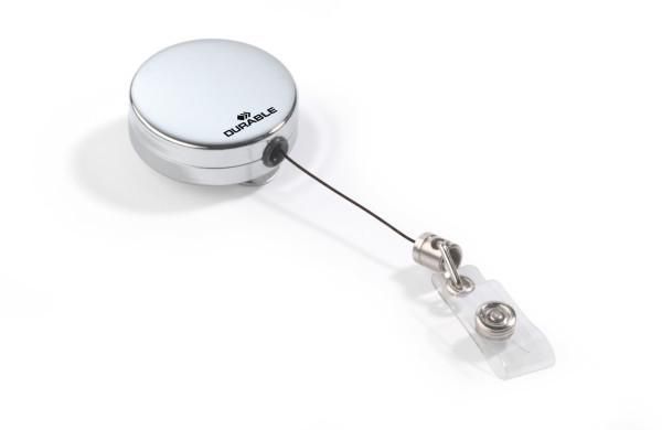 Durable Enrouleur de badge chromé avec lanière à bouton-pression et clip métal, diamètre 40 mm, longueur 80 cm