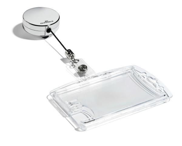 Durable Enrouleur de badge chromé avec lanière à bouton-pression et clip métal, diamètre 40 mm, longueur 80 cm