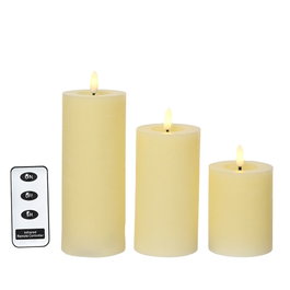Lumineo Lot de 3 bougies LED en cire beige finition rustique Ø7 cm hauteurs 11.2/15/19 cm avec télécommande