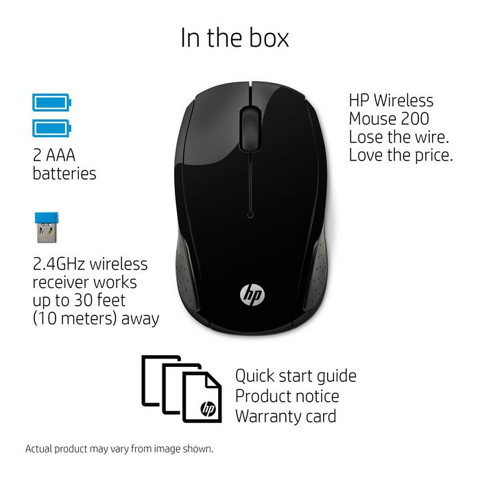 HP Souris sans fil 200, pour gaucher et droitier, capteur optique 1000 ppp, technologie LED rouge, connexion USB