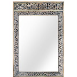 GINER Y COLOMER Miroir Cadre en Bois de Mango Massif Sculpté à la Main avec Finition Bicolore Naturel et Bleu Patiné - Style Ethnique 91 x 62 cm