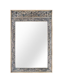 GINER Y COLOMER Miroir Cadre en Bois de Mango Massif Sculpté à la Main avec Finition Bicolore Naturel et Bleu Patiné - Style Ethnique 91 x 62 cm