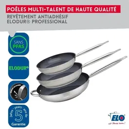 Elo Set de 3 Poêles à Induction Professional Inox 18/10 ELODUR Ø 24 cm 28 cm 32 cm - Sans PFAS