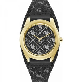 GUESS Montre Analogique W1278L2 pour Femme avec Boîtier Doré et Bracelet en Cuir Noir