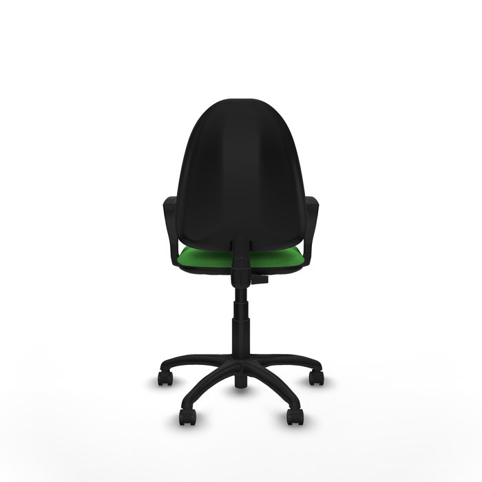 Chaise de bureau Aýna avec mécanisme de contact permanent de base, revêtue de tissu vert. Équipée d'une base en polyamide noir, d'accoudoirs fixes et de roulettes autobloquantes