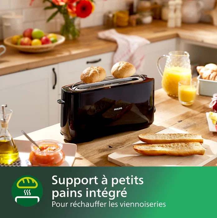 Philips HD2590/90 Grille-pain Daily 1 fente longue 830W - 8 réglages de cuisson, fonction réchauffe-viennoiseries, tiroir ramasse-miettes, Noir
